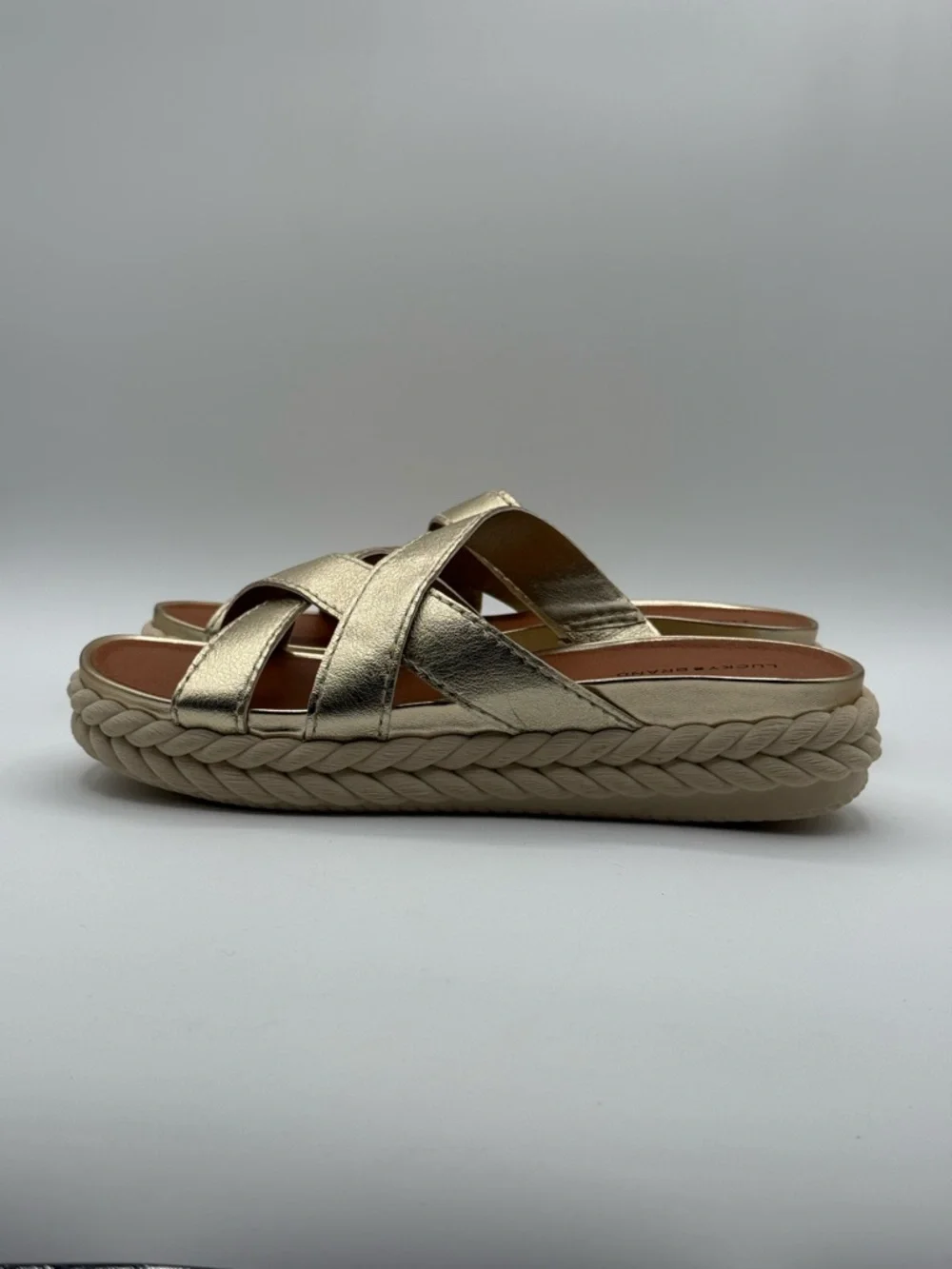 Lucky Brand Lofftee Gold Espadrille Slide Metallic Crisscross Sandals Size 10